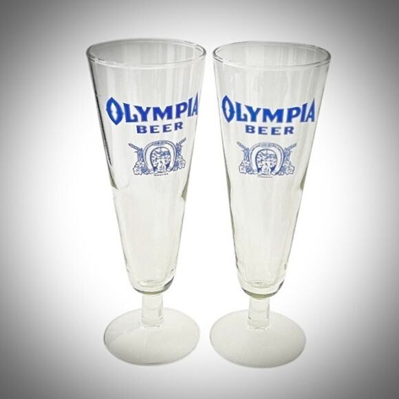 Pilsner Glasses Lot 2 Olympia Clear Beer Blue Letters Good Luck Tumwater 8.25 In - Picture 5 of 9